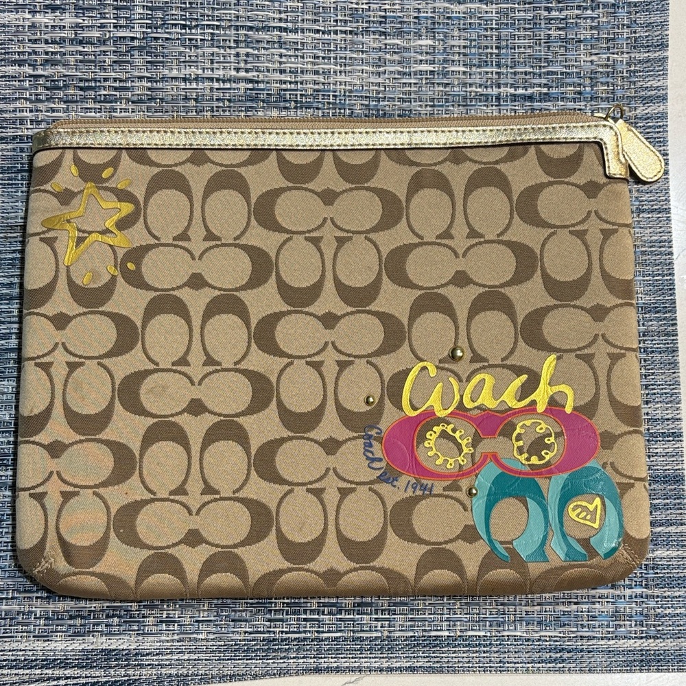 Coach Tan Signature tablet pouch with colorful accents